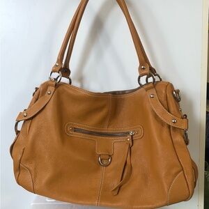 Cognac Italian Leather Shoulder Bag by Ellebury with silver hardware